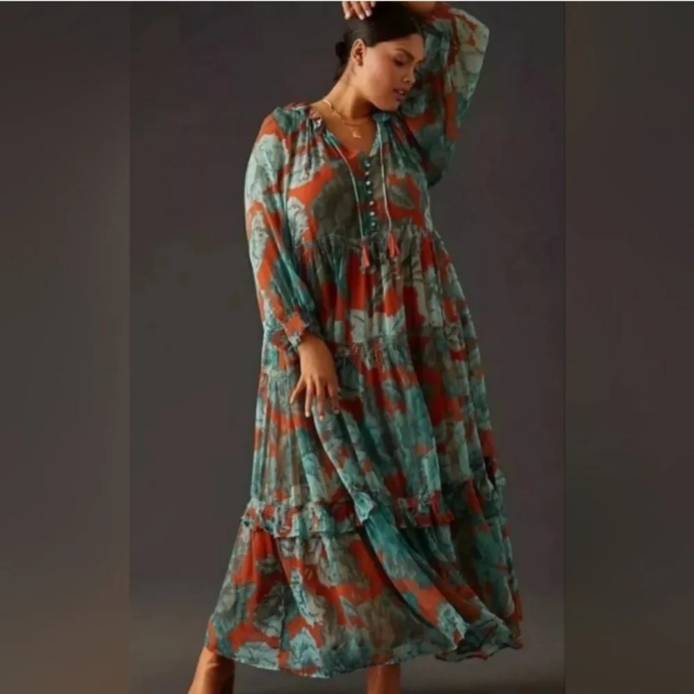 Free People Green and Orange Resort Wear Maxi Sundress - Picture 4 of 10
